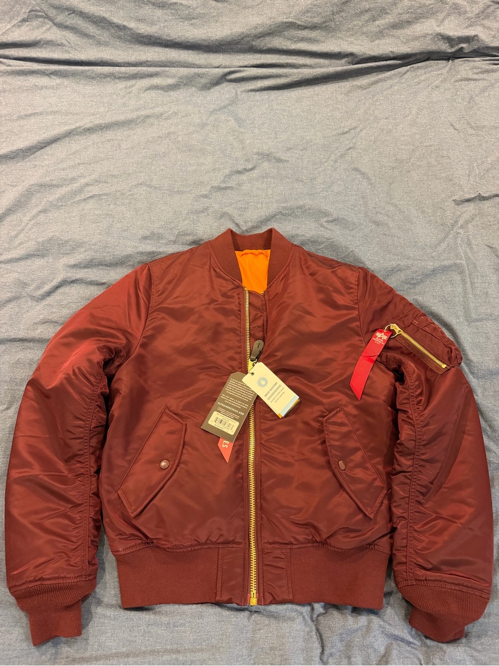 Alpha Industries MA-1 Slim Fit Bomber Jacket in Maroon with Orange Lining